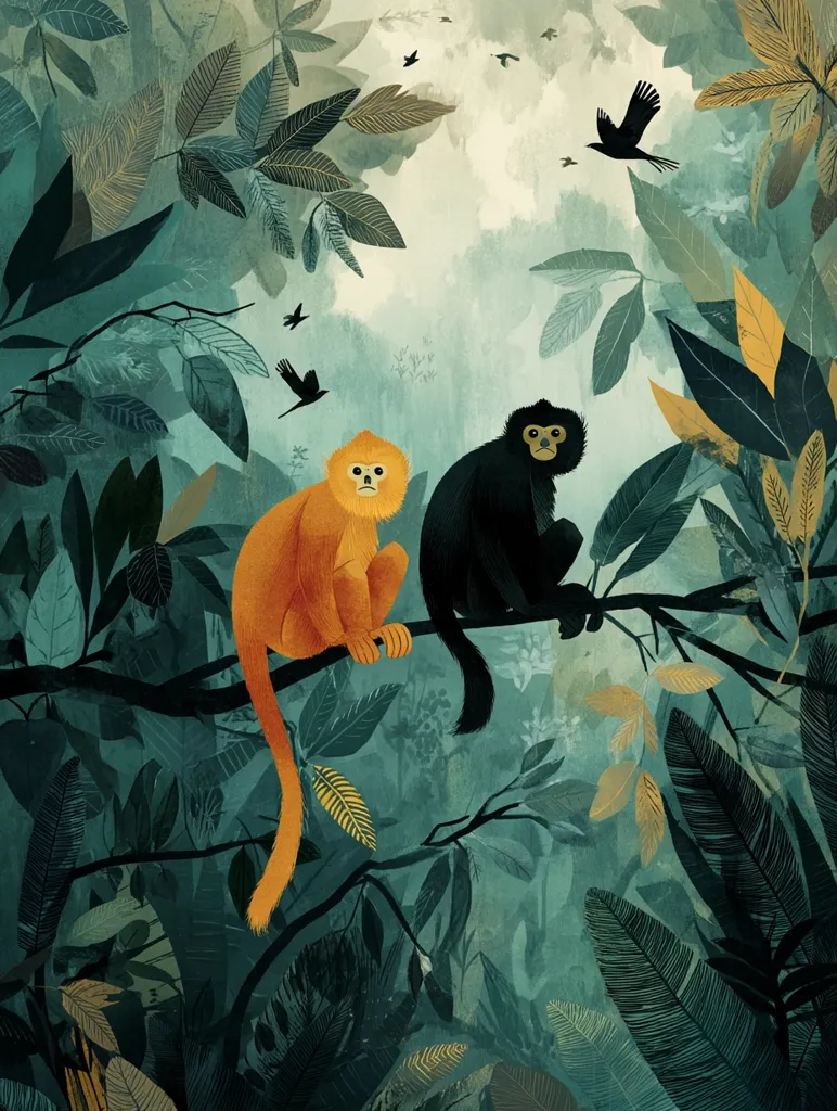 A stylized illustration depicts two monkeys perched on a branch within a lush, tropical forest. One monkey is a vibrant orange, the other a deep black.  Birds fly amidst the large, stylized leaves of the jungle canopy, creating a serene yet vibrant scene. The artwork's muted greens and golds contribute to a sense of calm and mystery.