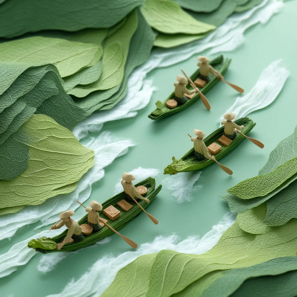 Miniature paper boats navigate a river sculpted from leaves.  Tiny figures, resembling farmers, row their boats laden with small square packages.  The river flows through a landscape created from intricately layered green leaves, suggesting a serene, natural scene. The overall effect is a delicate and whimsical diorama.