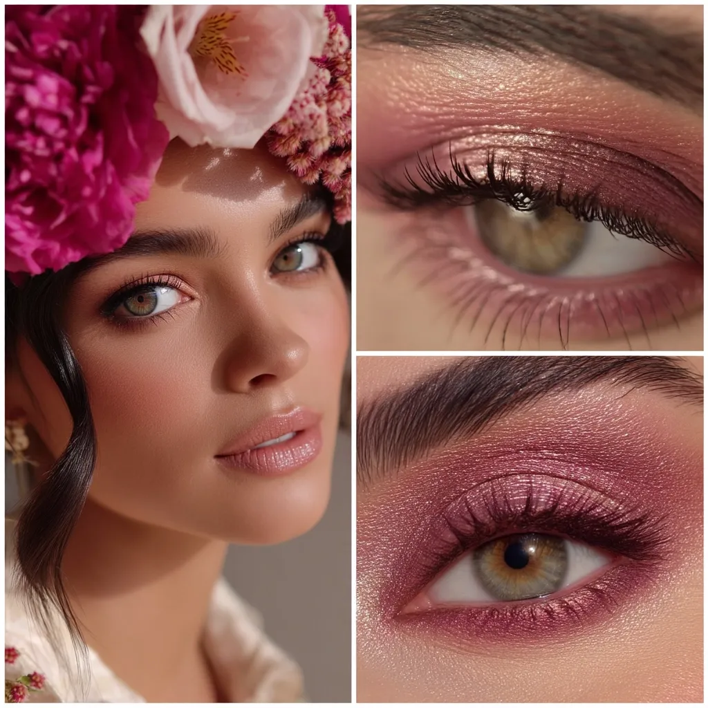 A collage showcases a woman's beauty.  The main image shows her face adorned with a pink floral crown, her makeup featuring a natural, glowing complexion.  Close-up details highlight a shimmering rose-gold eyeshadow, enhancing her green eyes with a subtle, romantic effect. The overall aesthetic is fresh, elegant, and subtly glamorous.