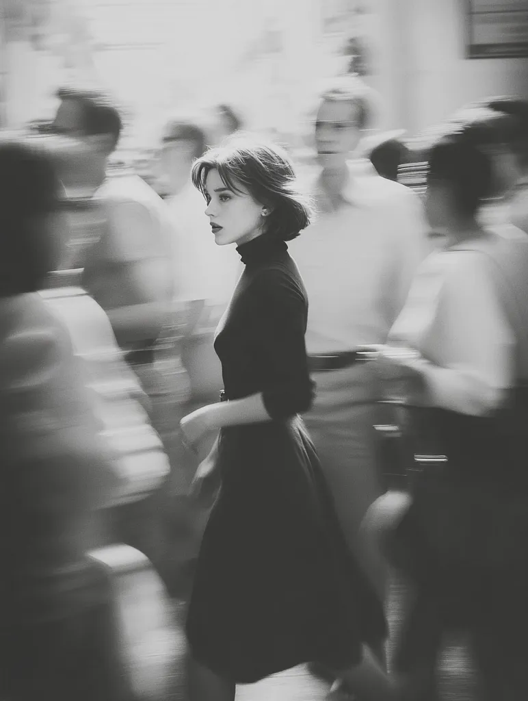 A black and white photograph captures a young woman in a dark dress, walking amidst a blurred crowd. The motion blur emphasizes her stillness, creating a striking contrast.  Her expression is pensive, and she seems lost in thought. The image evokes a sense of urban anonymity and quiet solitude in a bustling environment.  The monochromatic palette enhances the mood of the photograph.