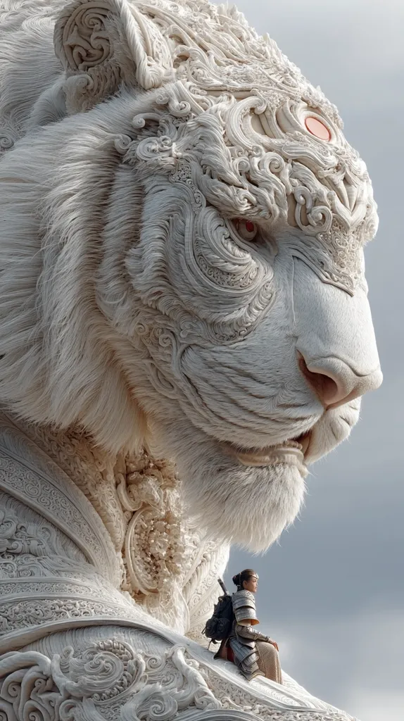A colossal, intricately carved white tiger statue dominates the image, its fur rendered with meticulous detail.  Intricate swirling patterns and ornate designs adorn the statue's body.  A small, armored figure sits atop the tiger, dwarfed by its immense size, creating a striking contrast in scale and emphasizing the statue's grandeur. The overall aesthetic suggests a blend of Eastern artistry and fantasy.