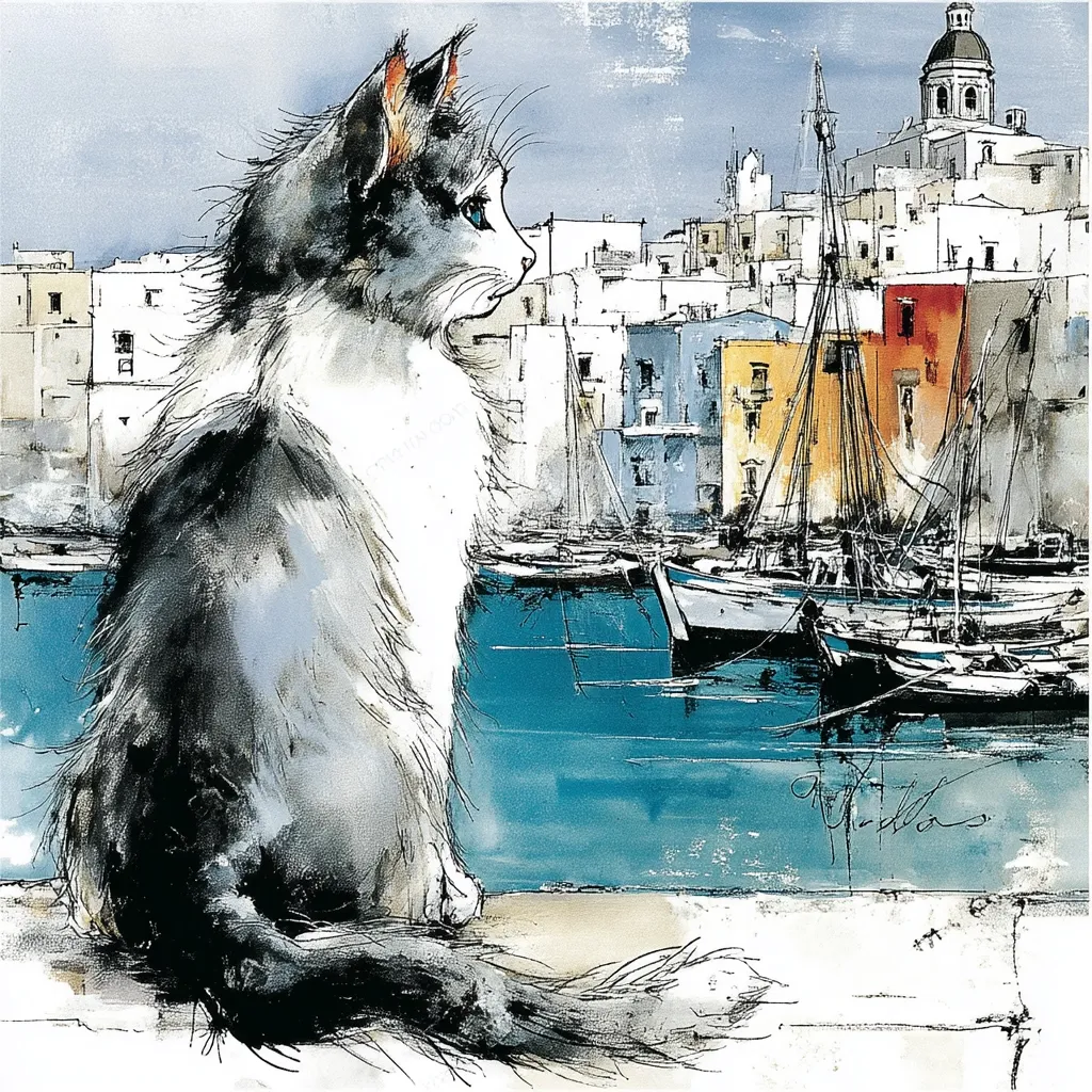 A longhaired, grey and white cat sits perched on a quayside, gazing out at a picturesque harbor town.  The water is a teal blue, reflecting the colorful buildings and numerous sailboats docked along the waterfront. A church dome is visible in the background, completing the idyllic Mediterranean scene. The artwork is rendered in a loose, expressive style, with visible brushstrokes.