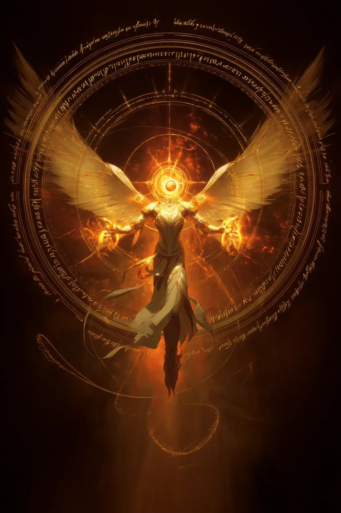 A celestial being, radiant with golden light, floats within a circular, glowing frame.  Large, feathered wings extend from its back.  Intricate, ancient-looking script encircles the figure, adding to its mystical aura.  The being's hands emit fiery energy, enhancing its otherworldly and powerful presence. The overall tone is warm, with fiery oranges and golds dominating the scene.