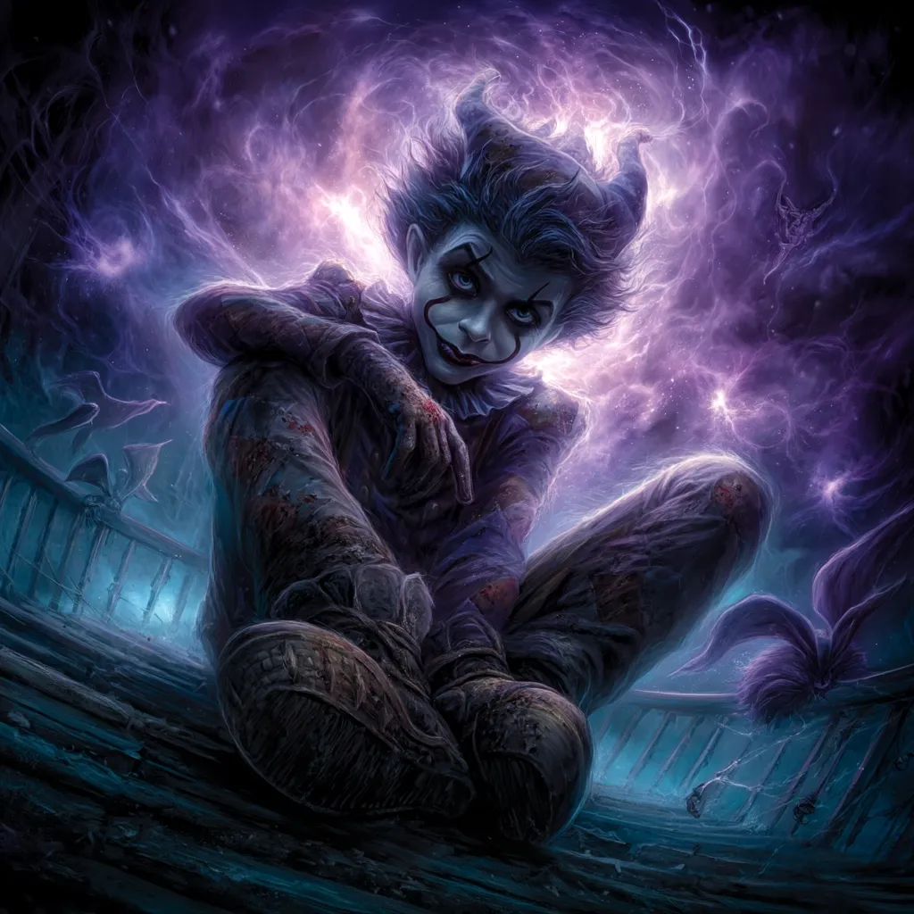 A disturbing digital painting depicts a small, demonic clown sitting on a decaying surface.  The clown, with ragged clothing and smeared makeup, has pointed ears and a sinister smile.  It's enveloped in swirling purple energy resembling lightning or cosmic dust, creating a dark and ethereal atmosphere. The scene is ominous and suggestive of a supernatural entity.