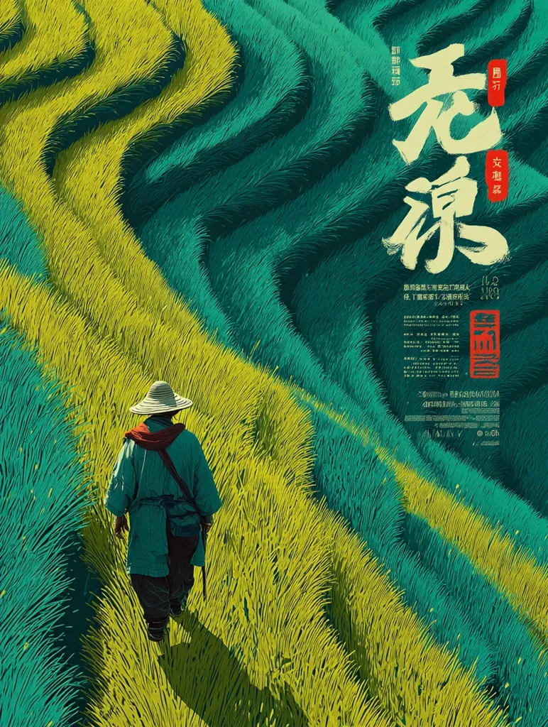A stylized poster depicts a lone figure, wearing a wide-brimmed hat and long robes, walking along vibrant green and yellow terraced rice fields. The image evokes a sense of tranquility and solitude in a rural landscape.  Large Chinese characters are prominently displayed, likely the film title, overlaid on the scene. The overall style is artistic and evocative, suggesting a film focusing on nature and possibly rural life.