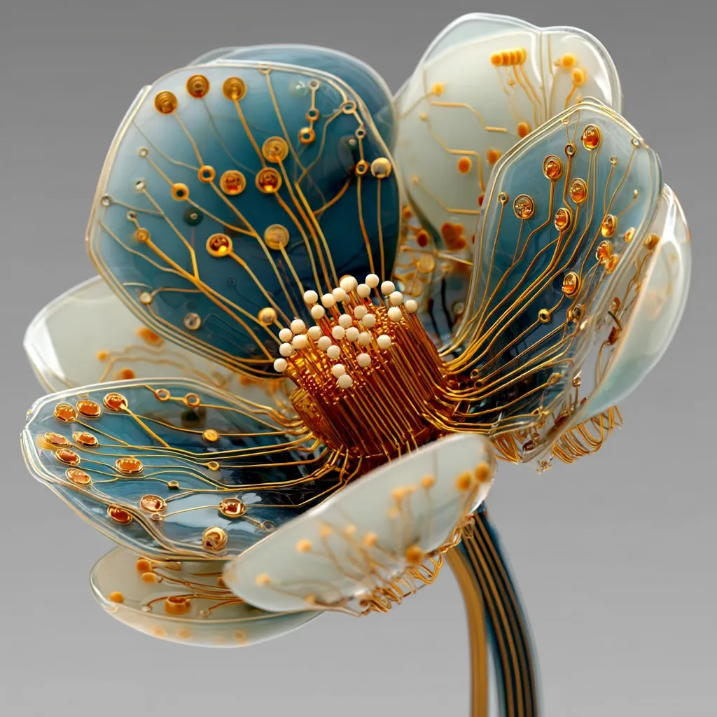 A meticulously crafted artificial flower, seemingly composed of transparent petals inlaid with intricate gold circuitry.  The delicate wiring mimics the veins of a natural blossom, culminating in a central cluster of small, off-white spheres. Teal and off-white hues accentuate the petals, creating a visually striking blend of technology and nature. The stem is a sleek, dark gold.