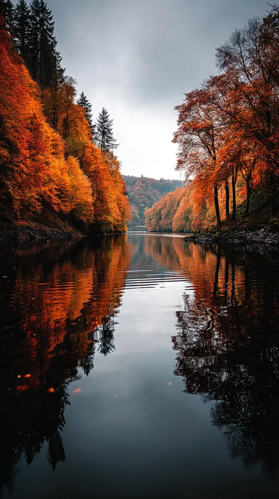 A serene autumnal scene unfolds along a calm river.  Vibrant orange and red leaves adorn the trees lining the banks, their reflections mirrored perfectly in the still water.  The sky is a muted grey, enhancing the warm colors of the foliage. The tranquil atmosphere suggests a peaceful, secluded spot in nature.