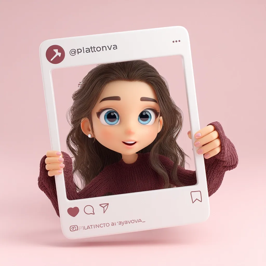 A 3D rendered cartoon girl with large blue eyes and brown wavy hair playfully holds a white Instagram-like frame.  She's wearing a maroon sweater and looks surprised or excited.  The frame displays a username "@plattonva" and social media icons. The image has a pastel pink background.  The overall style is cute and digitally animated.