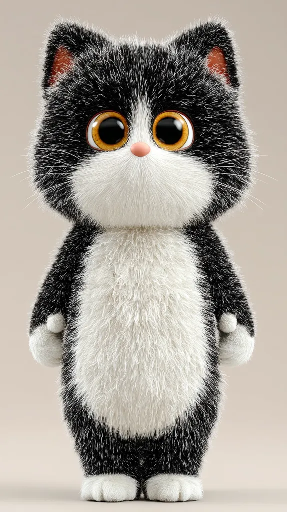 A charming 3D rendering depicts a fluffy tuxedo cat.  Its large, expressive orange eyes and plush white chest contrast with its black fur. The cat stands upright, paws slightly apart, conveying a sense of innocent curiosity. The detailed fur texture and adorable features create a captivating image.
