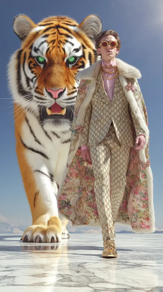 A fashion model in a Gucci suit and floral-print coat walks confidently alongside a large, realistic tiger.  The scene is set against a bright, clear sky and a reflective white surface, creating a surreal and striking image. The model wears round sunglasses and gold necklaces, adding to the opulent feel. The tiger's intense gaze is directed forward, mirroring the model's determined expression.
