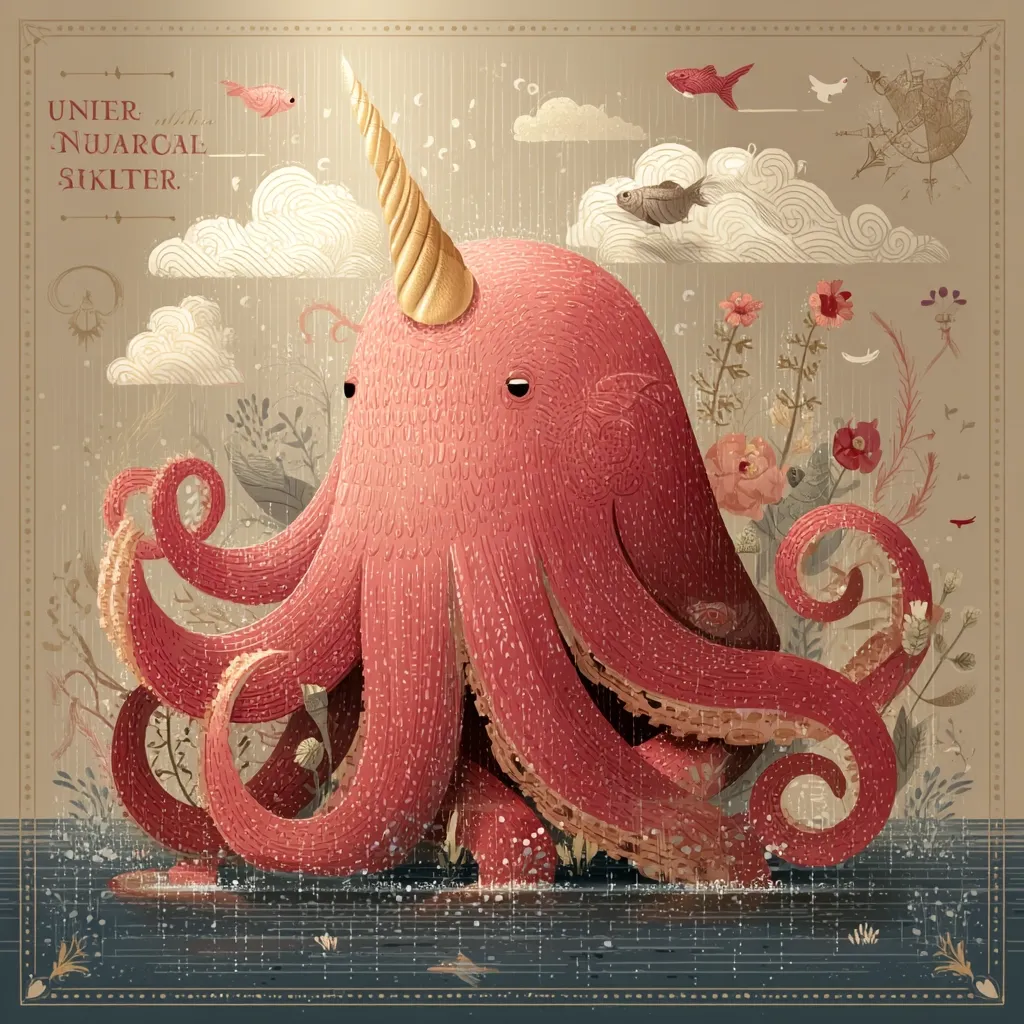 A whimsical illustration depicts a pink octopus with a golden unicorn horn, standing in shallow water amidst a flourishing garden.  Small fish and birds surround it in a dreamy, slightly rainy scene.  The artwork features a vintage aesthetic, with detailed textures and a muted color palette.  A stylized compass and lettering add to the fantastical atmosphere.