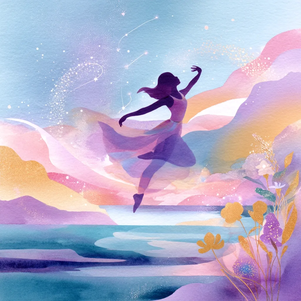 A watercolor painting depicts a silhouetted dancer leaping gracefully against a dreamy, pastel landscape.  Her flowing dress blends with the soft hues of the sky and rolling hills.  Stars and shimmering particles surround her, adding a magical quality. The scene is serene and ethereal, evoking feelings of freedom and wonder.  Delicate floral elements add a touch of earthly beauty to the otherworldly setting.