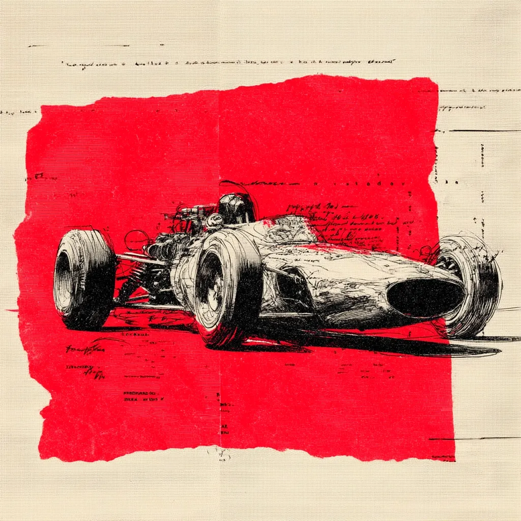 A dynamic black and white sketch of a vintage Formula 1 race car dominates a vibrant red background.  The car is depicted in motion, its wheels and details rendered with expressive lines.  The red background resembles a distressed, torn piece of paper, adding a layer of texture and suggesting a sense of history and speed.  Scribbled notes and technical markings around the edges enhance the artistic collage effect.