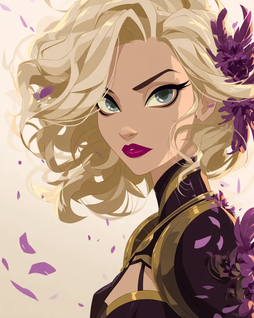 A stylized portrait of a blonde woman with striking green eyes and crimson lips.  Her short, wavy hair frames a strong, confident face. She wears a dark, ornate garment with gold accents, adorned with purple flowers.  Delicate purple petals drift around her, adding to the ethereal and elegant atmosphere. The art style is reminiscent of modern animation or graphic novel illustration.