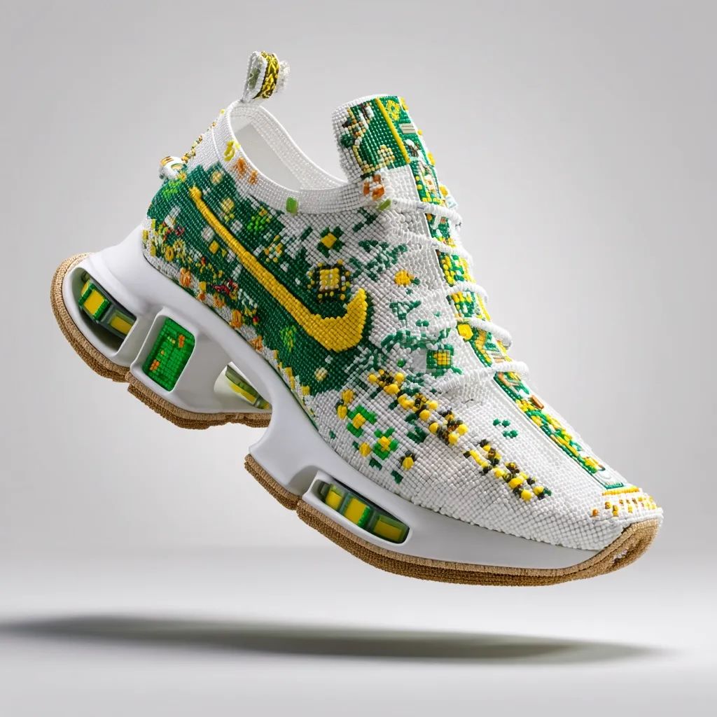 A Nike Shox TL sneaker is intricately adorned with tiny beads, creating a vibrant pixelated pattern in green and yellow on a white base. The shoe's design features a unique, handcrafted aesthetic. The beige sole contrasts the colorful upper, highlighting the detailed craftsmanship. The Nike swoosh logo is prominently displayed within the beaded pattern.  The image showcases the shoe in a mid-air pose, emphasizing its unique texture and design.