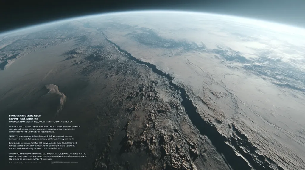 A high-altitude view showcases a vast, desolate landscape, possibly extraterrestrial. A prominent, dark, linear feature, resembling a deep canyon or rift valley, cuts across the lighter-toned terrain. The surface appears rocky and barren, with subtle textural variations suggesting different geological formations. The curvature of the planet is visible in the background, indicating a significant vantage point. The overall impression is one of immense scale and stark, alien beauty.