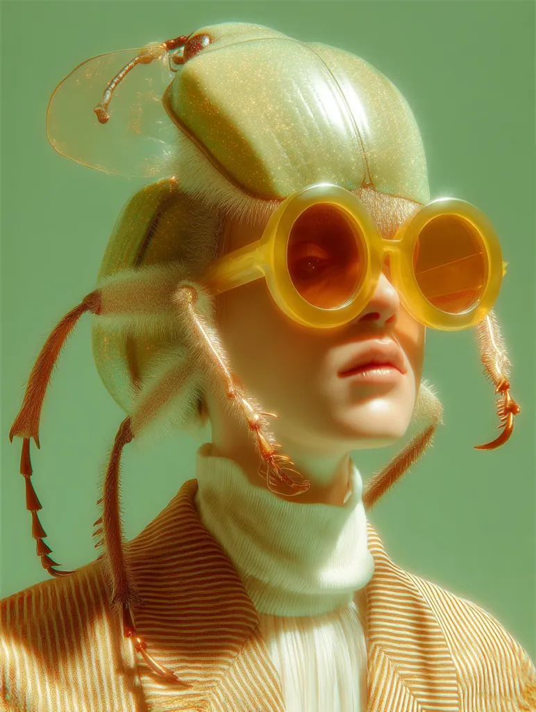 A fashion portrait features a model adorned with a striking, large beetle-like headpiece.  The headpiece is pale green and glittery, with long, spindly legs extending down the model's shoulders.  The model wears oversized, round yellow sunglasses and a gold-striped turtleneck jacket, creating a surreal and stylish image. The background is a muted green.