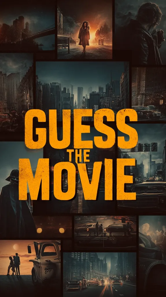 A collage-style poster for a movie guessing game.  It features multiple images depicting a post-apocalyptic or dystopian city, desolate landscapes, a lone woman walking, and mysterious figures in shadowy settings.  The dominant text, "GUESS THE MOVIE," is in bold, orange lettering, overlaying the images.  The overall mood is dark, suspenseful, and intriguing.