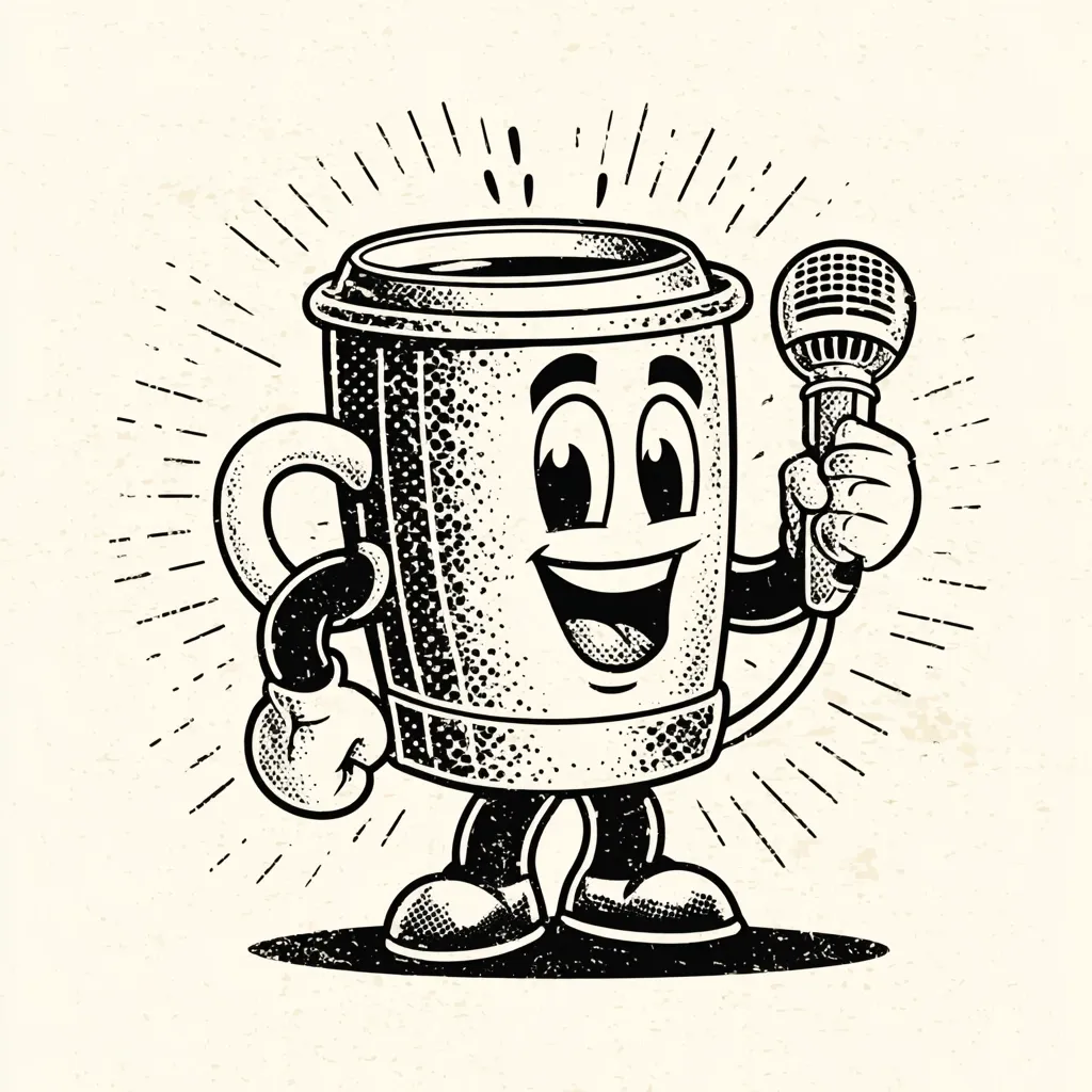 A cheerful cartoon coffee cup, rendered in a vintage black and white style, holds a microphone.  The cup has expressive eyes and a wide smile, suggesting a playful or enthusiastic personality.  The illustration is surrounded by stylized sunburst rays, enhancing its retro aesthetic.  The stippling texture adds a classic print effect.