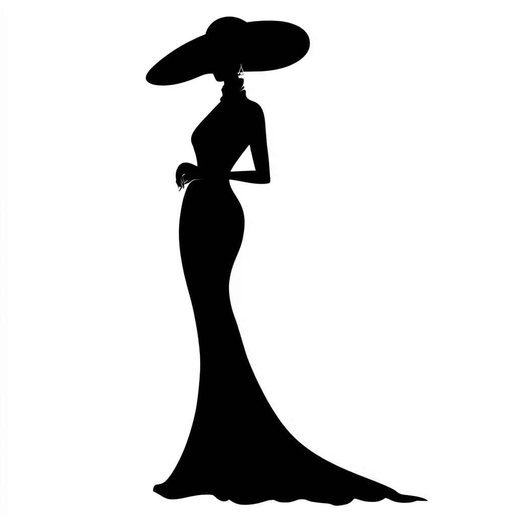 A black silhouette of an elegant woman is depicted against a white background. She is wearing a long, flowing gown and a large, wide-brimmed hat.  Her posture is poised and graceful, hands delicately placed. The image exudes sophistication and classic style, suggesting a timeless sense of fashion.  The stark contrast between black and white enhances the silhouette's dramatic effect.