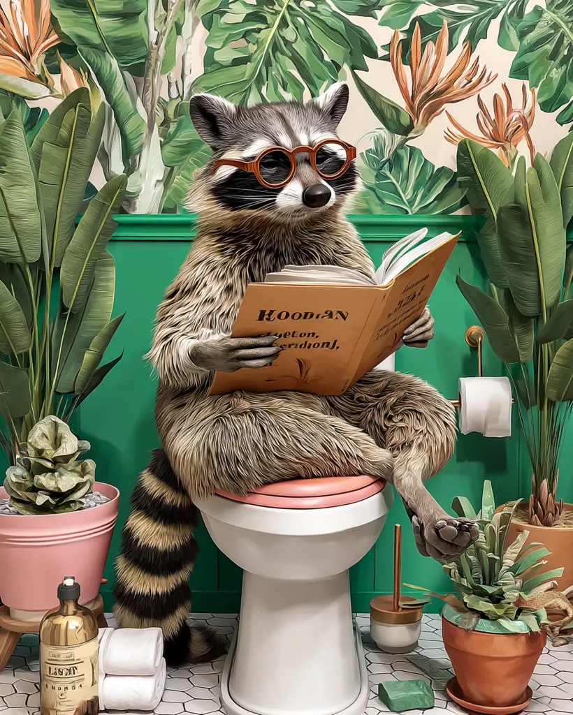 A raccoon, wearing round glasses, sits on a toilet in a lush, tropical bathroom.  It's engrossed in a book titled "KOODAN."  The bathroom features green walls, potted plants, and a pink toilet seat. The overall scene is whimsical and stylish, blending animal imagery with a sophisticated interior design.