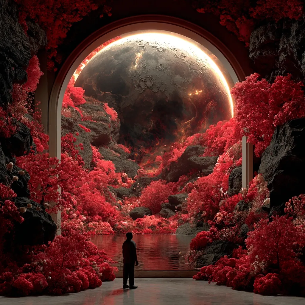 A person stands silhouetted before an arched doorway revealing a surreal landscape.  Crimson flora blankets a rocky terrain, leading to a still reflecting pool.  Beyond, a massive, glowing orb dominates the scene, resembling a planet or moon. The overall aesthetic is dark, dramatic, and otherworldly, imbued with a sense of mystery and wonder.