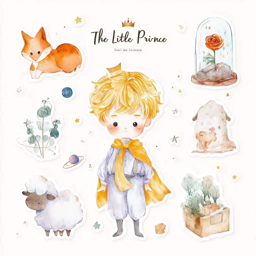 A collection of watercolor stickers depicting elements from "The Little Prince."  Featured are the titular prince in his signature attire, a fox, a sheep, a rose under a glass dome, and other symbolic objects like a plant and a small box.  The stickers are charmingly illustrated in a soft, pastel palette, ideal for scrapbooking or decorating. The style is cute and whimsical, capturing the essence of the beloved children's story.
