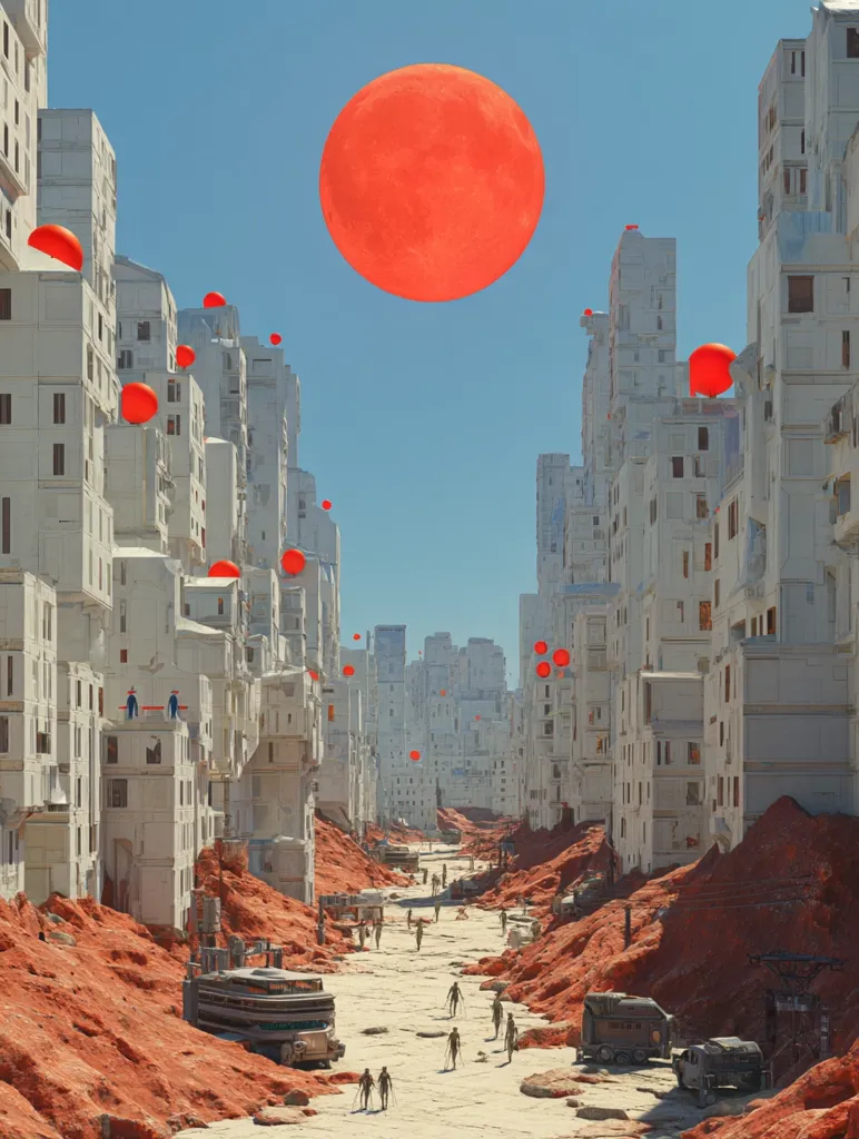 A digital artwork depicts a futuristic city canyon under a large, vibrant red sun.  White, multi-story buildings line the street, seemingly dilapidated and surrounded by red, rocky terrain.  Small, red spheres float in the air, scattered throughout the scene.  Figures, small in scale, walk along the canyon floor. The overall mood is surreal and somewhat desolate.