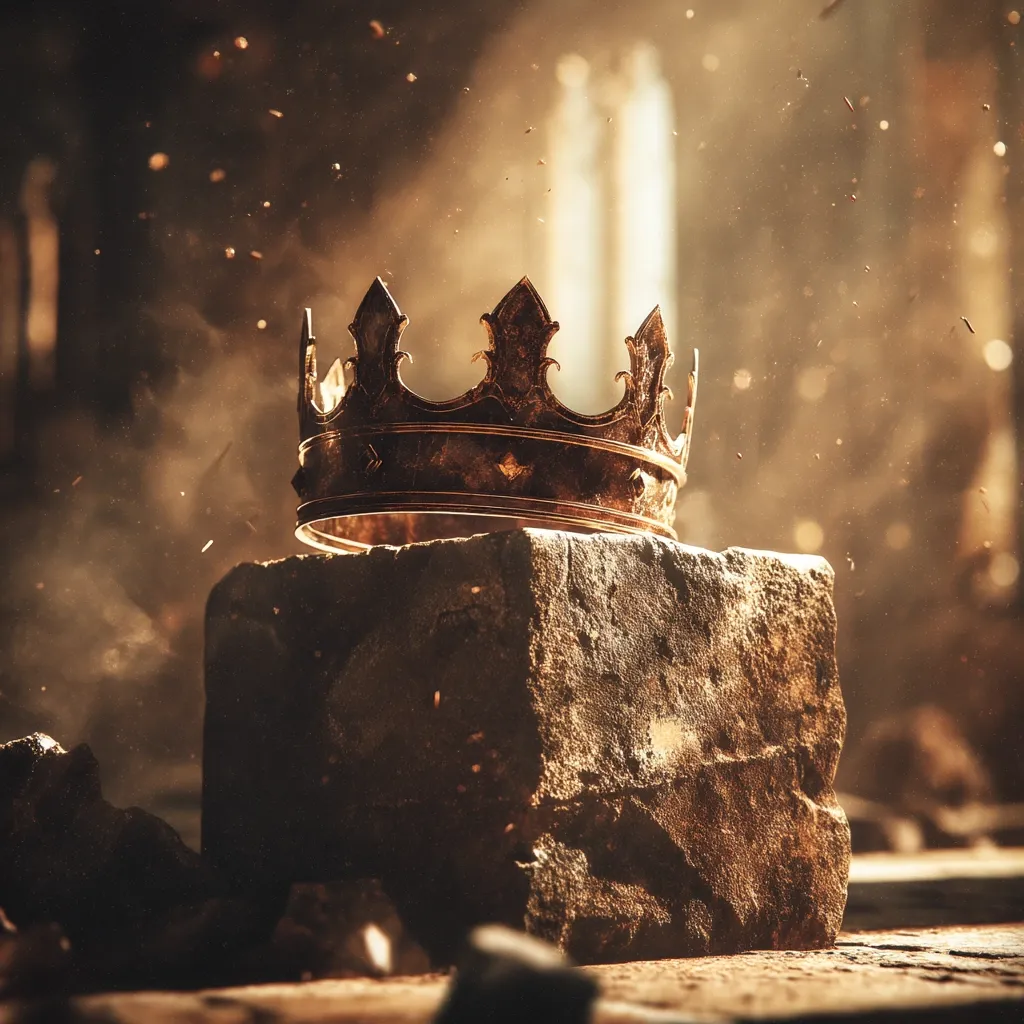 A weathered gold crown rests atop a rough-hewn stone block, amidst a scene of dust and debris.  The setting suggests a battle aftermath or a fallen kingdom.  Light streams from an unseen source, illuminating the crown and highlighting its regal, yet tarnished, majesty. The overall mood is one of somber triumph or poignant loss.