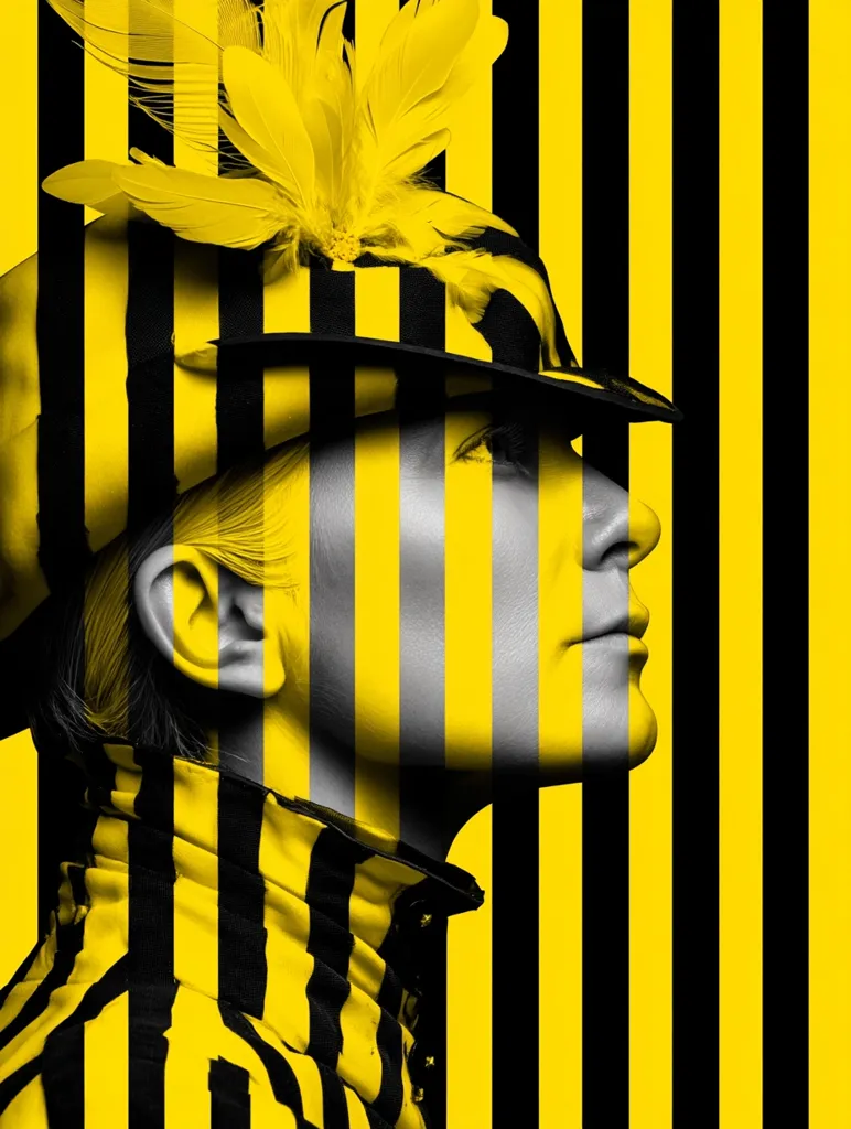 A profile of a woman's face is shown, her skin painted with alternating yellow and gray stripes to match the bold yellow and black striped background. She wears a matching striped top and a black hat adorned with bright yellow feathers.  The image is stylized and graphic, emphasizing strong contrasts and geometric shapes.