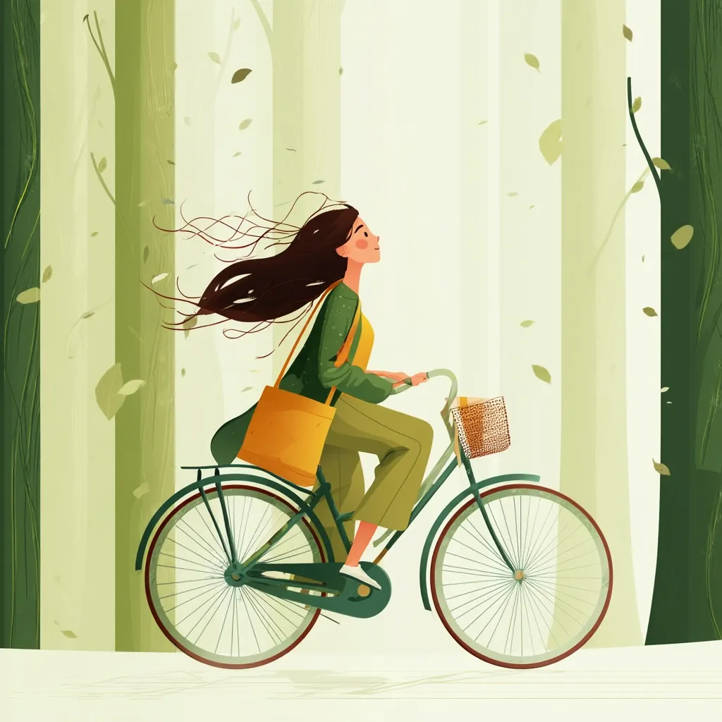 A young woman with long brown hair flowing in the wind rides a bicycle through a tranquil forest.  She carries a yellow tote bag and her green outfit blends with the calming greens of the trees and falling leaves.  The scene evokes a sense of peace and freedom, a gentle journey through nature.  The style is illustrative and whimsical.