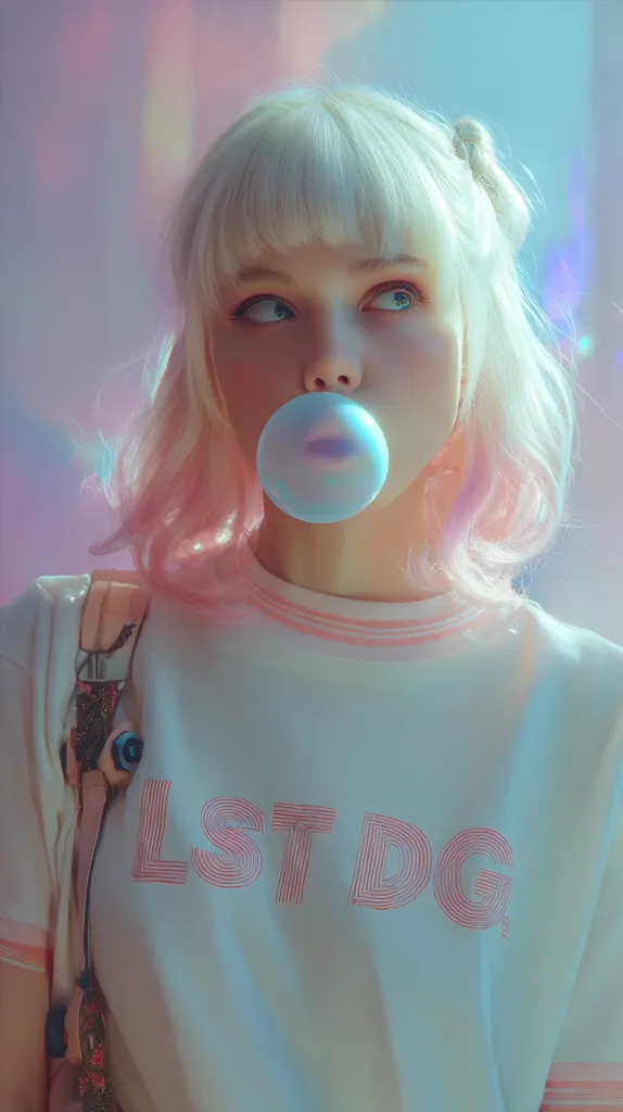 A young woman with pale pink and white hair, styled in a bob with slight bangs, blows a bubble of gum.  She's wearing a light-colored crewneck shirt with "LST DG" printed on it in a stylized pink font.  A pastel pink backpack strap is visible. The background is a soft, dreamy blend of pastel colors. The overall aesthetic is dreamy and ethereal.