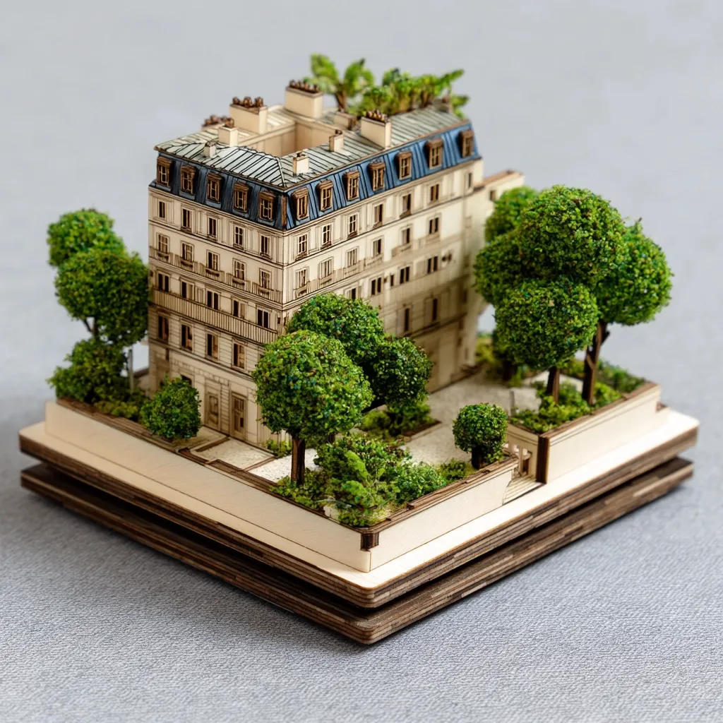 A meticulously crafted miniature Parisian building stands proudly, surrounded by lush, miniature trees and landscaping.  The detailed architecture of the multi-story building, complete with balconies and a rooftop garden, is complemented by the vibrant greenery. The model is displayed on a double-layered wooden base, showcasing intricate detail and skillful craftsmanship. The scene evokes a charming, peaceful Parisian courtyard.
