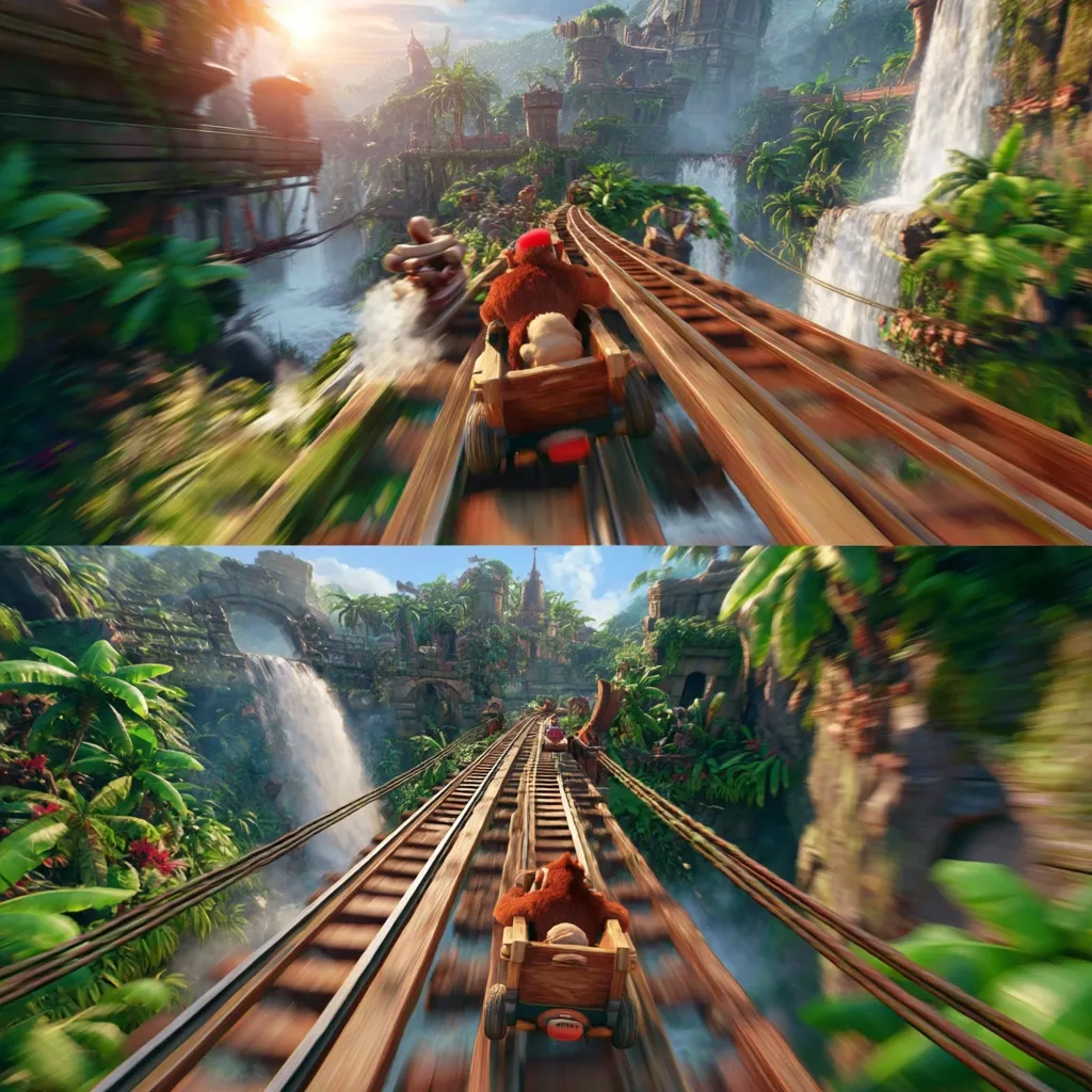 Two identical images depict a thrilling rollercoaster ride through a lush, jungle-like setting.  A brown ape, wearing a red cap, sits in a wooden cart speeding along the tracks.  Waterfalls cascade down rocky cliffs in the background, with ancient-looking structures visible amidst the vibrant greenery.  The motion blur emphasizes the rapid speed of the rollercoaster, creating a dynamic and exciting visual.