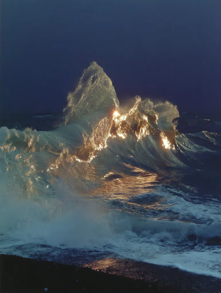 A dramatic ocean wave crests, its peak illuminated by a golden light, creating a breathtaking spectacle against the deep blue sea. The wave's form resembles a majestic mountain, its surface shimmering with light reflections.  Foam and spray surround the central, brightly lit section, contrasting with the darker, deeper water. The scene is one of powerful natural beauty.