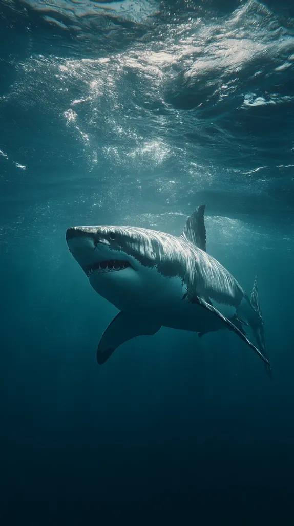 An underwater shot of a great white shark swimming gracefully in the deep ocean. Sunlight filters through the water above, illuminating the shark's powerful form as it moves through the dark blue depths.  The image emphasizes the shark's size and predatory nature, yet also highlights the beauty and mystery of the marine environment.