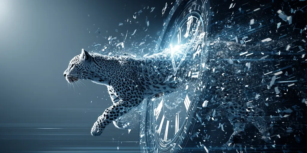 A snow leopard sprints through a fragmented clock face, its body seemingly composed of shattered ice crystals.  The scene is dynamic and surreal, with streaks of light suggesting rapid motion. The contrast between the sleek leopard and the exploding clock creates a powerful visual metaphor for the fleeting nature of time.  The overall color palette is cool and dark, emphasizing the image's dramatic energy.