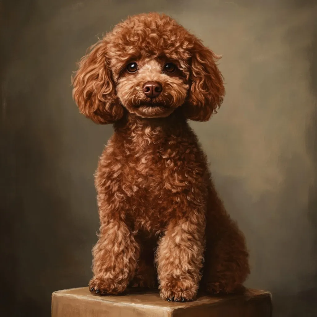 A reddish-brown toy poodle sits attentively on a small, light brown cube against a muted olive-green background.  The dog's fluffy coat is richly detailed, and its dark eyes engage the viewer directly. The painting style evokes a classic portrait, highlighting the poodle's charm and elegance.