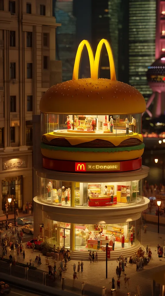 A meticulously detailed miniature model of a McDonald's restaurant is depicted.  The building is shaped like a giant hamburger, complete with sesame seed bun and golden arches.  The interior is visible, showing miniature figures of customers and staff.  The model is set within a bustling cityscape at night, adding to its charm and realism.  The scene is vibrant and playfully contrasts the familiar fast-food brand with a miniature, detailed urban environment.