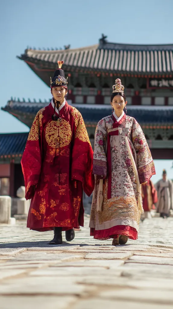 A man and woman, elegantly dressed in traditional Korean hanbok, walk towards the viewer. The man is in a rich red robe, adorned with gold embroidery, and a black crown. The woman wears a cream-colored hanbok with floral patterns and a gold headdress. They are walking through a large palace courtyard, showcasing the intricate architecture of the building in the background.  The scene exudes a regal and historical ambiance.