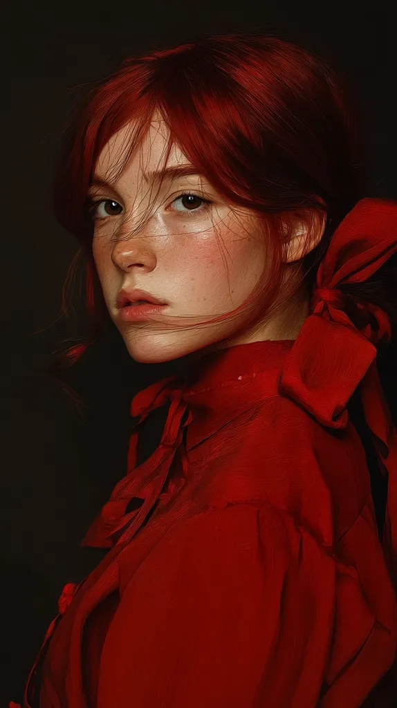 A portrait of a young woman with vibrant red hair styled in a loose, slightly disheveled manner.  She wears a rich crimson dress adorned with a large bow at the neckline. Her freckled face is softly lit, creating a gentle and somewhat melancholic expression. The dark background emphasizes the intensity of the red tones in her hair and attire. The overall mood is one of quiet intensity and subtle beauty.