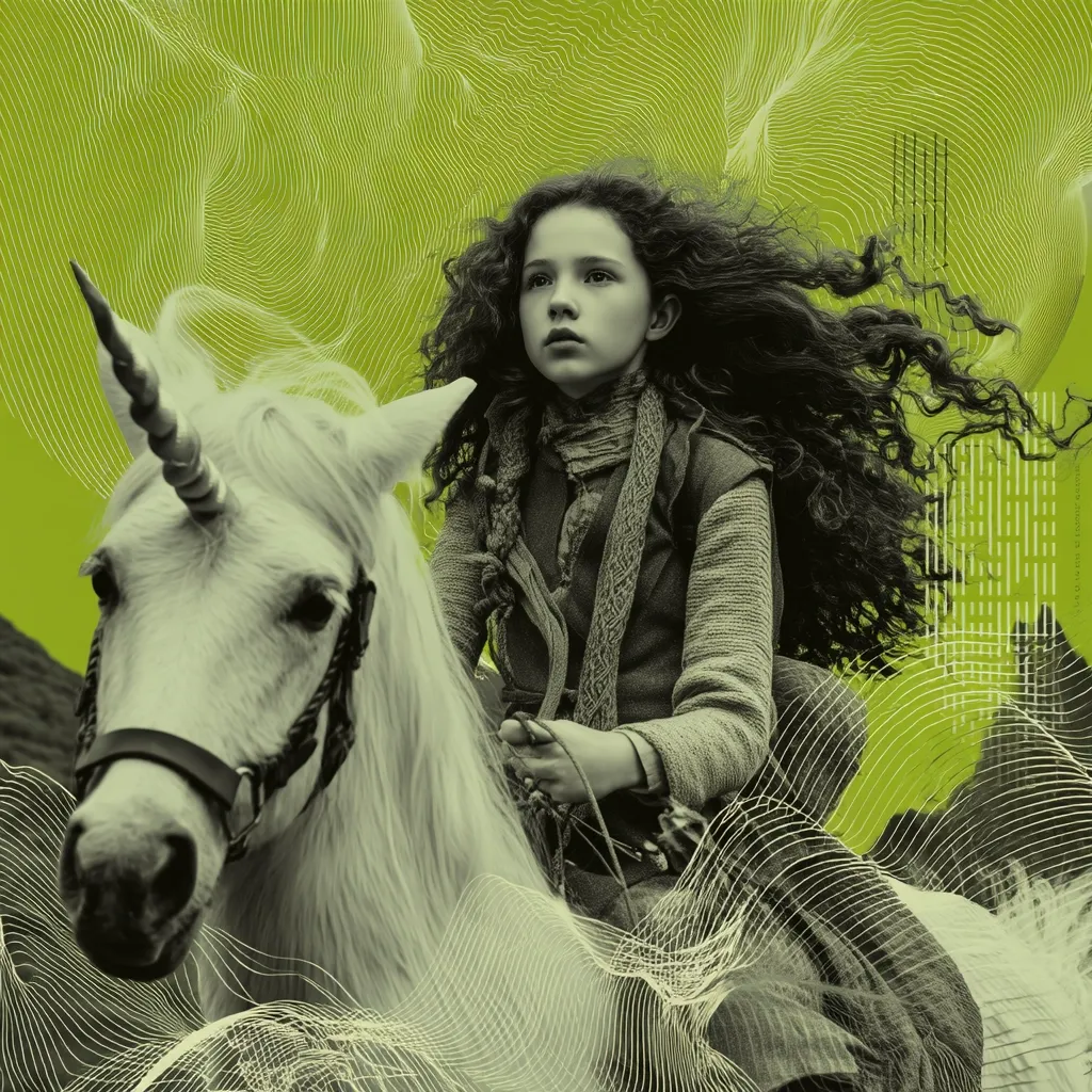 A young girl with long, flowing dark hair rides a white unicorn.  The image is stylized with a lime green background overlaid with abstract linework creating a dreamlike, ethereal quality. The girl's attire suggests a medieval or fantasy setting. The overall mood is mystical and enchanting.