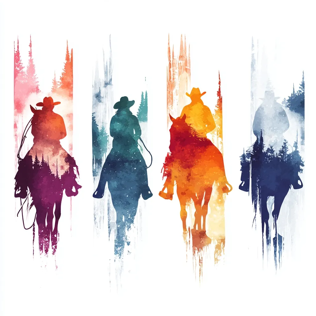 Four watercolor silhouettes of cowboys riding horses are depicted against a backdrop of stylized forest scenes.  Each cowboy is uniquely colored—purple, blue, orange, and deep blue—with the forest landscape subtly integrated into the horse and rider.  The artwork evokes a sense of the American West, with a painterly, abstract style.