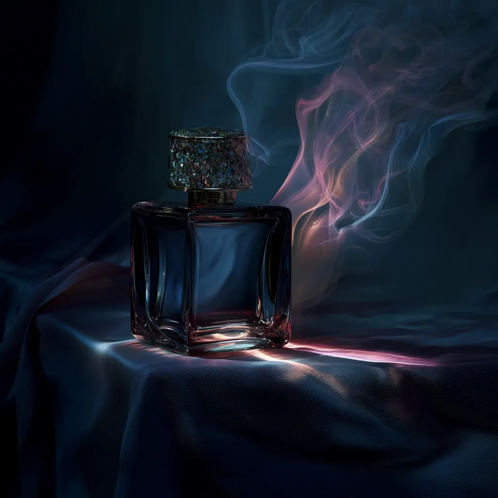 A dark, square perfume bottle with an ornate cap sits on a dark, silky fabric.  Subtle lighting illuminates the bottle, highlighting its crystalline structure.  Wisps of colorful smoke curl around it, suggesting the fragrance's essence. The overall mood is mysterious and luxurious.