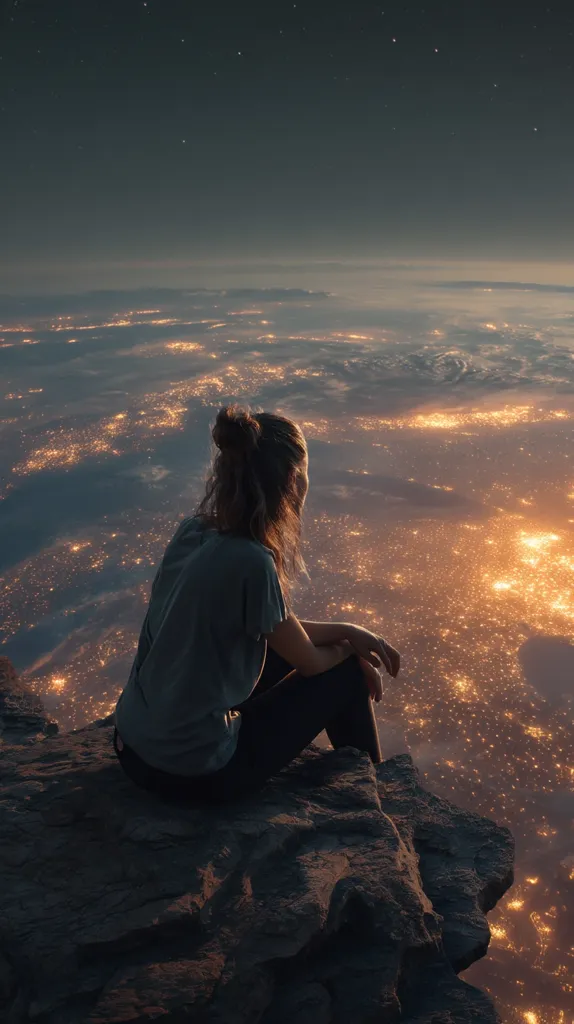 A woman with her hair in a bun sits alone on a dark rock, gazing at a breathtaking view of Earth from above.  Below, countless city lights illuminate the landscape, stretching to the horizon. The scene is set against a backdrop of a dark, star-studded night sky. The image evokes a sense of solitude and awe.