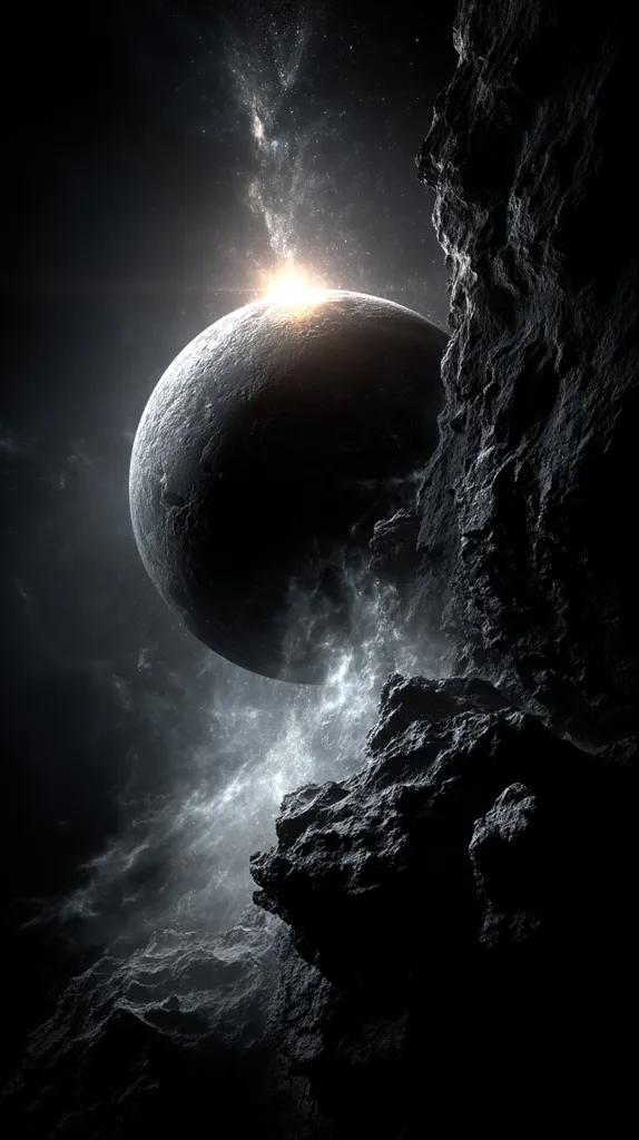 A dark, monochrome image depicts a celestial body, possibly a moon or planet, partially obscured by a massive, jagged asteroid.  A bright, star-like light emanates from behind the planet, creating a dramatic contrast against the dark, rocky foreground.  The scene is filled with swirling dust and gas, suggesting a dynamic and possibly violent cosmic event.  The overall mood is one of awe and mystery, hinting at the vastness and power of space.
