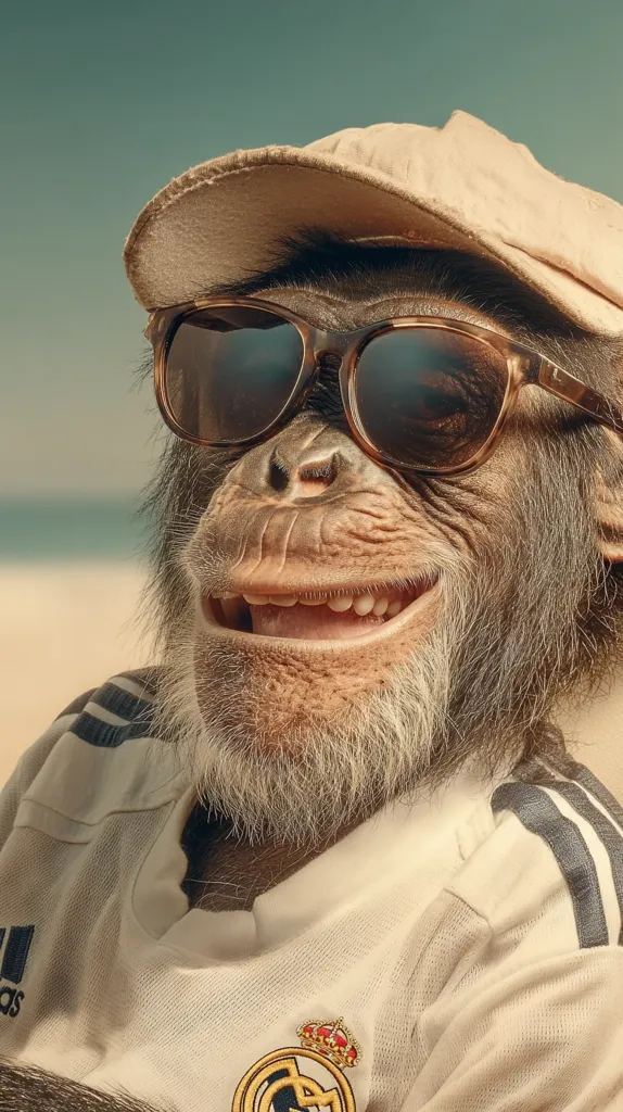 A chimpanzee, sporting a beige baseball cap and brown sunglasses, smiles broadly.  He's dressed in a cream-colored long-sleeved shirt adorned with navy stripes and a Real Madrid crest.  The setting appears to be a beach, with a blurred, out-of-focus background suggesting sand and sky. The overall impression is one of relaxed, casual coolness.