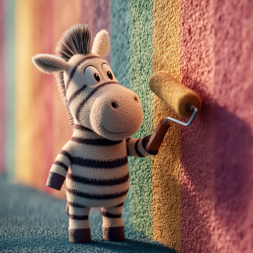 A cute, plush zebra playfully paints a wall with a paint roller. The wall is striped with vibrant rainbow colors, and the zebra is meticulously adding to the colorful pattern.  Its fluffy texture and cheerful expression create a charming and whimsical scene. The image is a delightful blend of childlike innocence and artistic creativity.