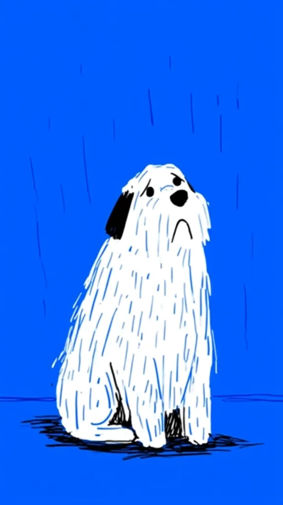 A stylized illustration depicts a fluffy white dog with black ears, sitting forlornly against a vibrant blue background.  Rain streaks fall behind the dog, enhancing its melancholic expression. The dog's fur is represented by numerous short, vertical lines, giving it a textured appearance. The overall style is simple yet evocative, suggesting a feeling of sadness or loneliness.