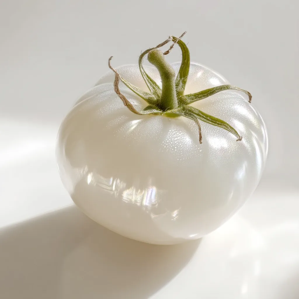 A single, pristine white tomato rests on a bright white surface.  Its skin is smooth and subtly iridescent, reflecting light.  Tiny droplets of water cling to the surface, enhancing its luminosity. The green calyx at the top adds a vibrant contrast to the overall creamy white tone.  The tomato casts a soft shadow, emphasizing its perfect form.
